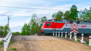 RailWay. Railcar MPT-4 & Locomotive 3ES5K & oil tanker train/Дрезина и наливной поезд на жд переезде