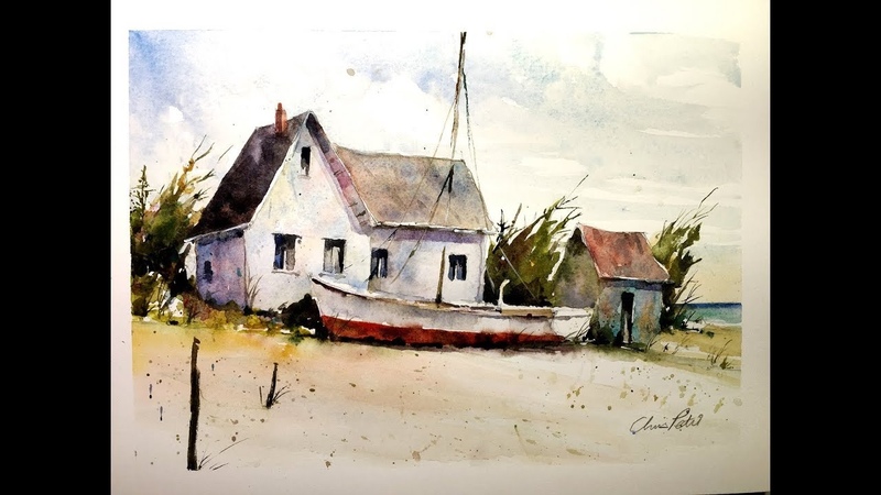 Sailboat and Shorehouse Seascape Scene in Watercolor with Chris